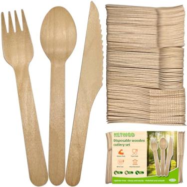 Imagem de Conjunto de 120 utensílios de madeira compostáveis (40 garfos, 40 facas, 40 colheres), alternativa a garfos e colheres de plástico