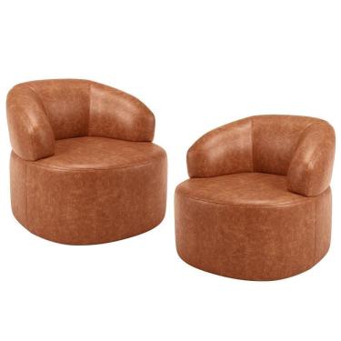 Imagem de Kit 02 Poltronas Giratória Orgânica Para Sala De Estar Living Helena L02 Couríssimo Camel - Lyam Decor