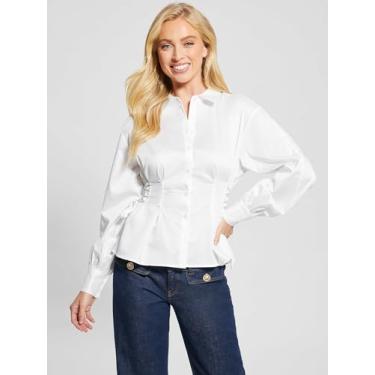 Imagem de GUESS Blusa feminina de manga comprida com cadarço, Branco puro, PP