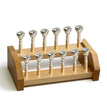 Imagem de Suporte de bocal para trompete, suporte de madeira com 12 compartimentos, suporte de exibição e armazenamento de 2 níveis, mantém os bocais de trompete seguros, arrumados e facilmente acessíveis (12