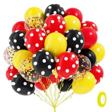 Imagem de 60 balões vermelhos e amarelos de 30,5 cm com confetes vermelhos e balões pretos e amarelos para decoração de festa de aniversário de 1º 2º aniversário