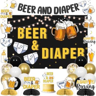 Imagem de JOYMEMO Beer and Diaper Baby Shower Decorations - Black and Gold Backdrop, Balloons, Banner, Hanging Swirls, Cake Topper, Honeycomb Centerpieces, A Baby is Brewing Pregger Kegger Party Supplies