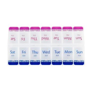 Imagem de Organizador semanal de comprimidos da manhã/pm, caixa de remédios de 7 dias com compartimentos grandes, rosa e azul, recipiente de armazenamento de plástico transparente