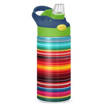 Imagem de JUZIHAI Mexican Serape Cobertor listrado garrafas de água infantil 350 ml garrafa de aço inoxidável isolado a vácuo com tampa de palha, copo de viagem à prova de vazamento