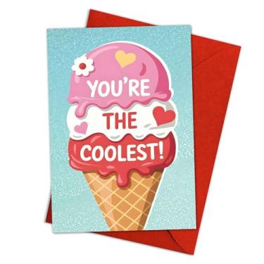 Imagem de Cute Ice Cream Valentine Card "You're The Coolest", cartão engraçado de amor doce para namorado, namorada, marido esposa, adorável cone de sorvete Kawaii saudação para o dia dos namorados 20 x 13 cm