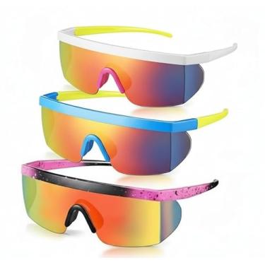 Imagem de Jeados Pacote com 3 óculos de sol esportivos espelhados retrô dos anos 80 e 90 | Proteção UV400 | Escudo neon sem aro