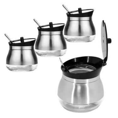 Imagem de Kit 3 Açucareiro Com Colher Revestido Aço Inox E Vidro Restaurante 300