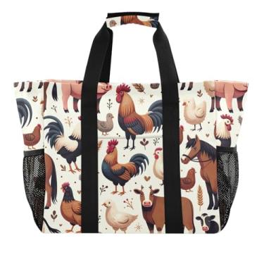 Imagem de ODAWA Bolsa de praia impermeável para piscina, organizador de verão, bolsa esportiva dobrável para praia, animais de fazenda, porcos, galos, vacas, Animais de fazenda, porcos, galos, vacas, One Size
