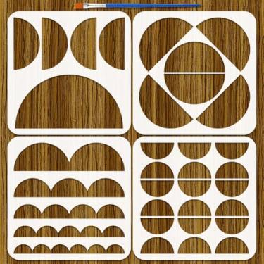 Imagem de FINGERINSPIRE 4 peças de estênceis de meio círculo com 1 pincel de tinta, 20 x 20 cm, estênceis com estampa geométrica, tema geométrico, modelo de estêncil para pintura em móveis de tecido de parede