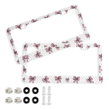 Imagem de SEHANY Lindas molduras de placa de licença de laço rosa, moldura de placa de carro de alumínio à prova de ferrugem com orifícios elípticos e parafusos serve para veículos padrão dos EUA tamanho