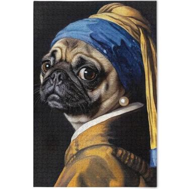 Imagem de Quebra-cabeças engraçados de cachorro pug com brinco de pérola para adultos 1000 peças de decoração de arte pintura quebra-cabeças rígidos para adultos quebra-cabeça personalizado engraçado, 75 cm x