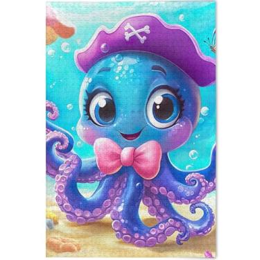 Imagem de Quebra-cabeça de desenho animado de polvo azul fofo personalizado 500 peças presentes de elefante branco para família quebra-cabeça colorido exclusivo arte de pintura animal, 52 cm x 37,8 cm