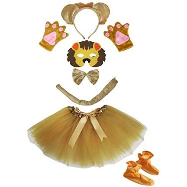 Imagem de Petitebella Tiara de leão com máscara e luvas tutu, 7 peças, fantasia para meninas 1-5 anos (cáqui, 1-5 anos)