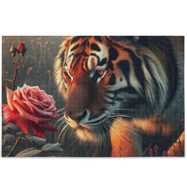 Imagem de Quebra-cabeças adultos Funny Tiger Sniffs Rose 1000 peças de arte com estampa de animais com cenas coloridas, presentes de jogo de quebra-cabeça engraçados, 75 x 50 cm