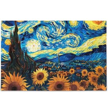 Imagem de Quebra-cabeça personalizado Girassóis noite estrelada 1000 peças adultos pintura animal arte arte quebra-cabeça duro presentes para jogo de elefante branco, 75 cm x 50 cm