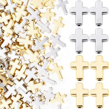 Imagem de OIIKI 60 peças de contas de cruz para pulseiras, pingentes de cruz de plástico, contas religiosas, mini crucifixo, espaçador, berloque, suprimentos DIY para colares, brincos, pingentes, joias - ouro e
