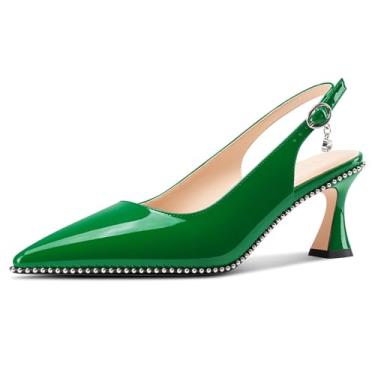 Imagem de TNYNFBEB Sapato feminino de salto gatinho bico fino com contas e fivela sem cadarço vestido de festa básico clássico couro envernizado salto de 6 cm, Verde escuro, 39