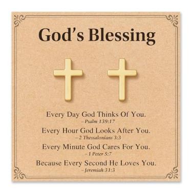 Imagem de Brincos de cruz hipoalergênicos para mulheres e meninas, presente religioso cristão de Páscoa, joias de presente com cartão de citação significativo e bolsa de presente, Liga de aço, Sem pedra