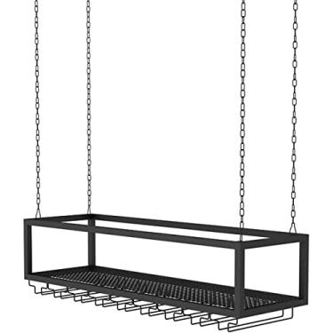 Imagem de Suporte de garrafa de vinho para pendurar no teto prateleira de teto rack de vinho industrial retro metal copo de vinho rack suspenso decoração de teto prateleira flutuante com Adjus (preto 60 x 25 x