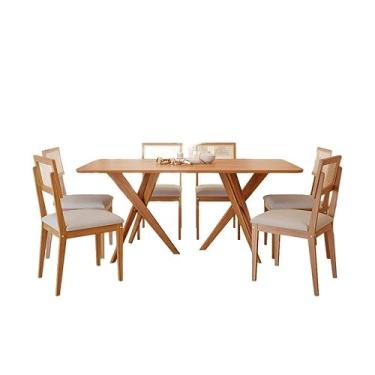 Imagem de Kit de Mesa para Sala De Jantar 1,80 Cacau e 6 Cadeiras Palmas Madeira/Cinamomo/Linho Cinza