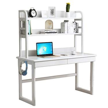 Imagem de Escrivaninha de computador simples moderna com prateleiras, mesa de escrita com prateleiras de armazenamento com gaveta, toda resistente de madeira maciça (branco 120 cm)