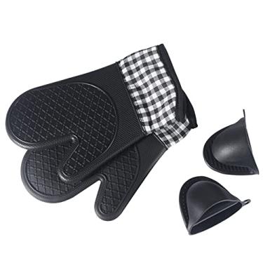 Imagem de Luvas de Forno Silicone Isoladas e Grampos para Mão Cozinha Resistentes ao Calor com Forro Algodão Cozinhar Assar