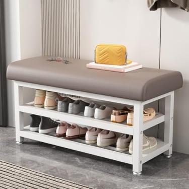 Imagem de Banco de sapato de quarto, 2 níveis de sapateira de entrada, banco de armazenamento com pé de metal, banco organizador de sapatos para entrada de hall de entrada, corredor (cinza, 120 cm)