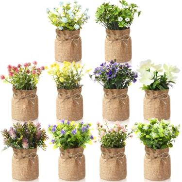 Imagem de Giegxin Pacote com 10 flores artificiais em pequenos vasos de serapilheira, mini plantas de plástico, flores falsas, casa de fazenda, para decoração de casa, plantas artificiais em vasos para