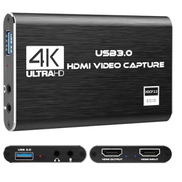 Imagem de Placa de captura de vídeo, placa de captura de áudio HDMI 4K com microfone e saída HDMI para jogos/transmissão ao vivo/conferência, funciona para Nintendo Switch/PS5/Câmera/Xbox/OBS