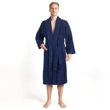 Imagem de American Soft Linen Roupão masculino 100% algodão felpudo – Roupão turco macio, absorvente, de secagem rápida para homens, Azul marinho, G