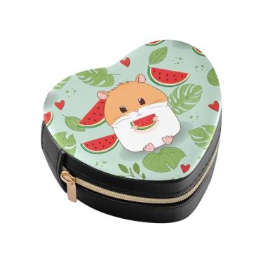 Imagem de Burbuja Caixa de joias de desenho animado curtindo melancia em forma de coração, mini estojo de joias de viagem para mulheres e meninas, estojo portátil organizador de armazenamento para brincos