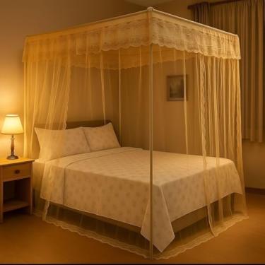 Imagem de Mosquiteiro casal box com armação estilo palácio, cortinado volta ao mundo, abertura lateral prática para cama dupla (BEGE)