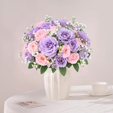 Imagem de Yastouay 4 buquês de flores artificiais de peônias, peônias falsas mistas rosa e roxa com grande flor, buquê de peônia sintética de seda para centros de mesa, vaso e decoração de casa