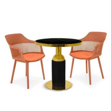 Imagem de Conjunto Mesa De Jantar Redonda Imperial 70cm Preta Com 2 Cadeiras Estofadas Marcela - Marrom