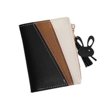 Imagem de Carteira feminina colorida com pingente de coelho e borla - 5 compartimentos para cartões, compartimento para fotos, compartimento grande para dinheiro e bolso com zíper, couro PU, 12 x 9,5 cm (preto