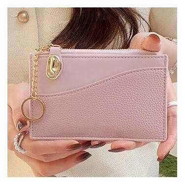 Imagem de Carteira pequena feminina, porta-cartões de poliuretano fino com corrente de metal, 3 compartimentos para cartões e compartimento para moedas, carteira minimalista com janela para identidade, rosa