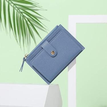 Imagem de Carteira feminina fina com bolso com zíper – 6 compartimentos para cartão, bolsa de poliuretano leve, 55 g, 13,5 x 9,5 cm (cinza, azul, preto, rosa, vermelho, roxo, cáqui, sálvia), Azul, Clássico