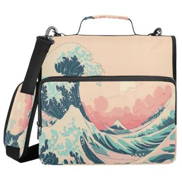 Imagem de SEHANY Fichário japonês Seawave com alça de ombro, capacidade para 500 folhas, vários bolsos, 3 cm, 3 anéis Trapper Keeper