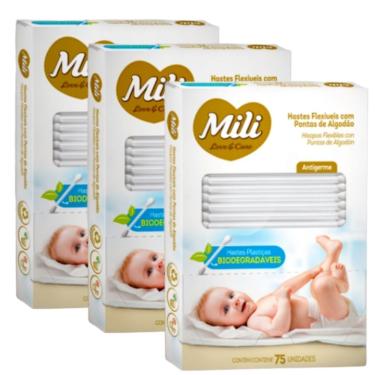 Imagem de Cotonete Hastes Flexiveis 3 caixas c/75  Biodegradável MILI