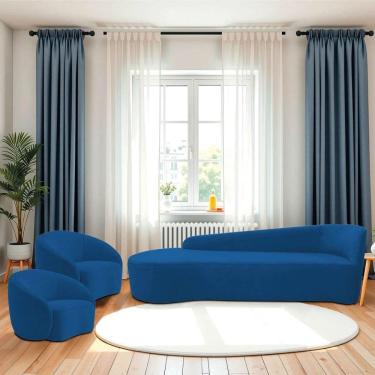 Imagem de Kit Divã Recamier Orgânico França 180cm Lado Esquerdo E 2 Poltronas Amore Linho Azul Royal