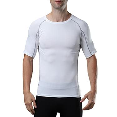 Imagem de Camiseta esportiva masculina cor sólida gola O manga curta de secagem rápida bodycon elástico corrida basquete fitness roupas esportivas(Medium)(Branco)