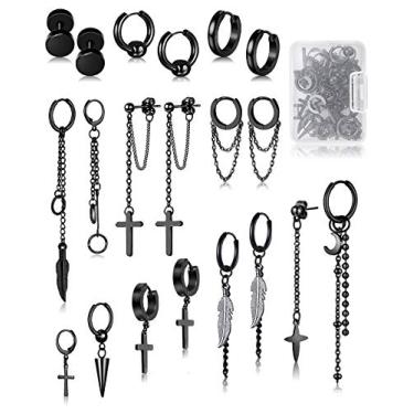 Imagem de FIFATA 20 peças de brincos de argola de corrente lua e estrela brincos de gota cruz de aço inoxidável pingente articulado brincos Eboy para homens e mulheres, Aço inoxidável, Sem pedra preciosa