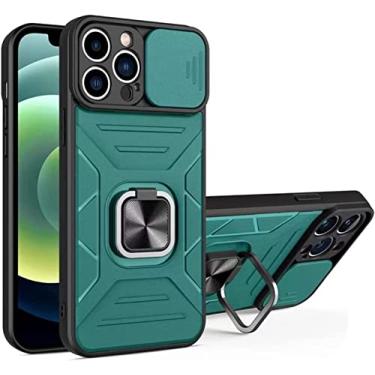 Imagem de IOTUP Capa para iPhone 13/13 Mini/13 Pro/13 Pro Max, proteção contra quedas de nível militar com anel de metal aprimorado suporte magnético com capa de câmera deslizante (cor: verde, tamanho: 13 Mini 5,4 polegadas)