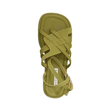 Imagem de Sandália feminina casual com fivela de cinto vazada fundo plano sapatos romanos sandálias femininas moda verão sandálias femininas terra tamanho 10 (verde, 7)