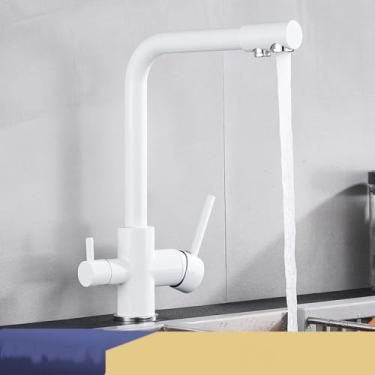 Imagem de Filtro torneira da cozinha cromo beber água pura torneira da cozinha deck montado alças duplas 3 maneiras misturador de água quente e fria, branco, 1