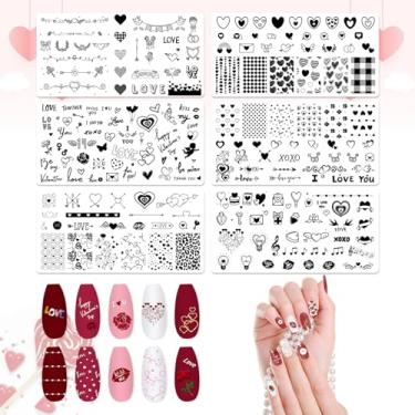 Imagem de ALIBBON Conjunto de 6 peças de placas de estampagem de unhas para o dia dos namorados, modelos de carimbo de arte de unhas de banco de coração, kit de modelos de carimbo de palavras de amor, placas de