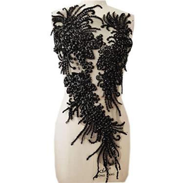Imagem de Aplique de renda feito à mão com strass feito à mão, apliques de lantejoulas para acessórios de roupas de vestido (preto)