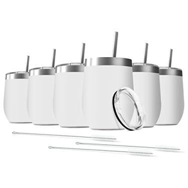 Imagem de Deitybless 6 Pack 12 oz Stainless Steel Stemless Wine Tumbler with Leakproof Lids, Double Wall Vacuum Insulated Travel Cup Including 6 Straws set,for Coffee, Cocktail, Drink, Tea and Beer