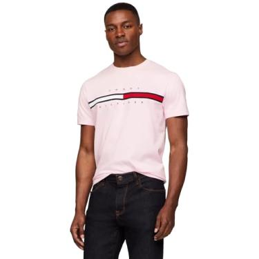 Imagem de Tommy Hilfiger Camiseta masculina de gola redonda bordada com bandeira de modelagem regular coleção 2024, Rosa simples., XXG