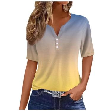 Imagem de Camisetas femininas de verão 2024 túnica de botão Y2K, manga curta, estampa floral, gola V, roupas fofas, Ofertas relâmpago amarelo, GG